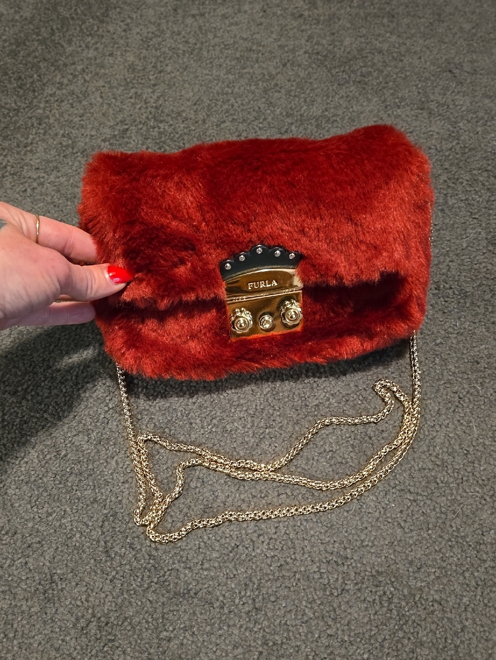 Furla Rust-Red Faux Fur Crossbody with Gold Chain